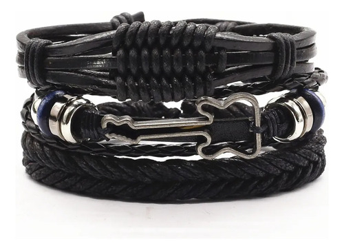 Pulsera De Cuero Guitarra Black 3 Hombre Mujer Moda 2025