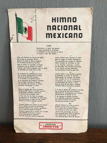 Antigua Hoja Publicidad De Refrescos Jarritos Himno Mexicano