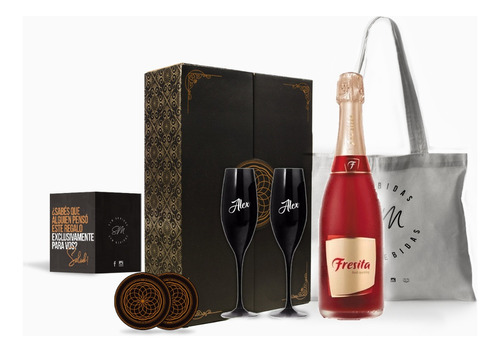 Box Regalo Champagne Fresita Copas Negras Grabadas