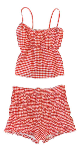 Set Top Short Lolita Kawaii Anime Vichy Cuadrille Tendencia Rojo Único Elastizado