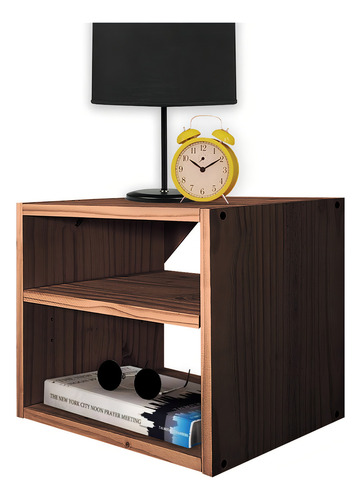 Mesa De Luz Cubo Flotante Dos Estantes Moderno Madera Sajo Color Cedro
