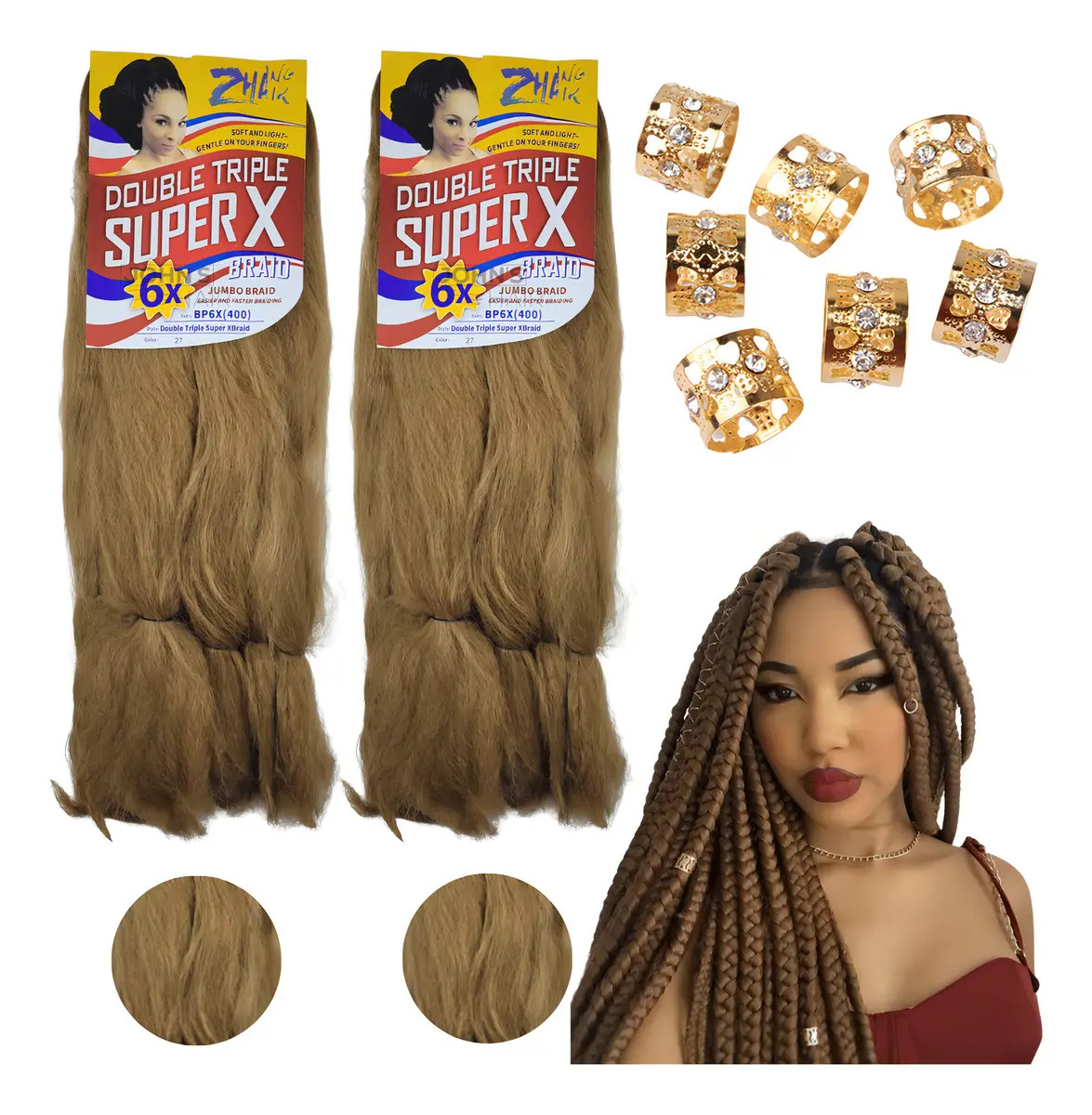 Kit 2 Pacotes Cabelo Jumbo Super X Para Tranças 400g + Anéis Cor Loiro Mel #27