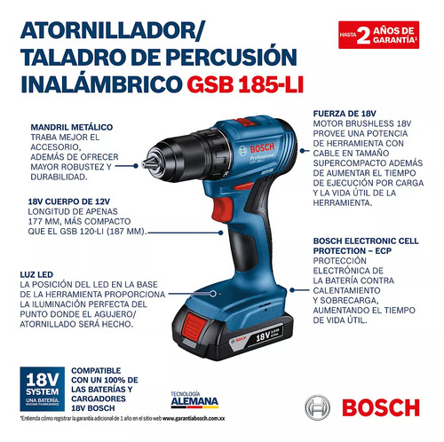 Taladro Percutor Inalambrico Gsb 185 Li 2 Baterias 18v Bosch