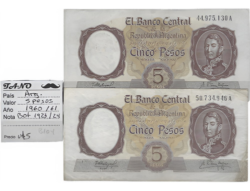 B104 Argentina Billete 5 Pesos Año 1960/1 Bottero 1923/24 X2
