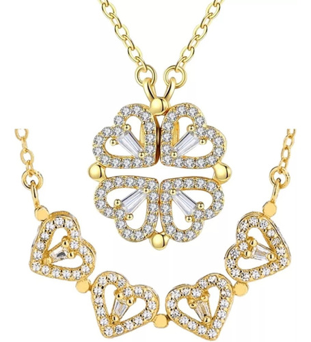 Collar Dije Trebol Corazones 4 Cuatro Hojas Para Mujer Corazon Chapado En Oro 18k Dama Elegante Colgante Convertible Doble Vista Magnético Baño De Oro Con Zirconias Cúbicas Regalo Mujeres