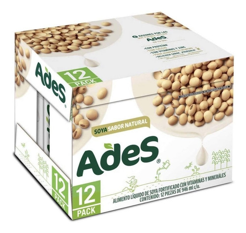 Bebida Con 75% De Soya Ades 12 Pz De 946ml C/u Sabor Natural