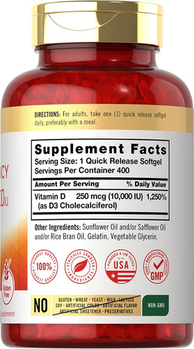 Vitamina D3 10,000 Iu 400 Capsulas Blandas Sin Gluten