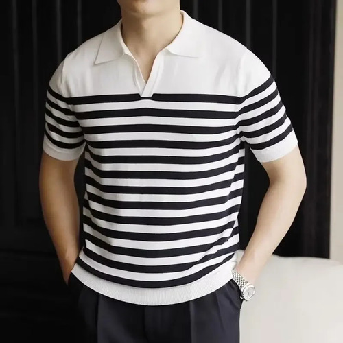 Polo De Punto Con Cuello En V A Rayas Para Hombre, Casual De