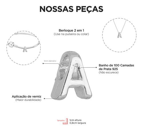 Berloque Letra A Separador Banhado A Prata 925 Premium