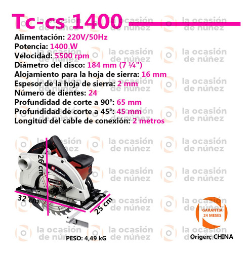 Imagen 2 de 7 de Sierra Circular De Mano Einhell Electrica Tc-cs 1400 5500 Rp