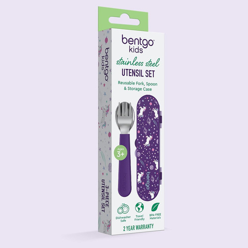 Bentgo Juego De Tenedor,cuchara Y Estuche Morado - Unicornio