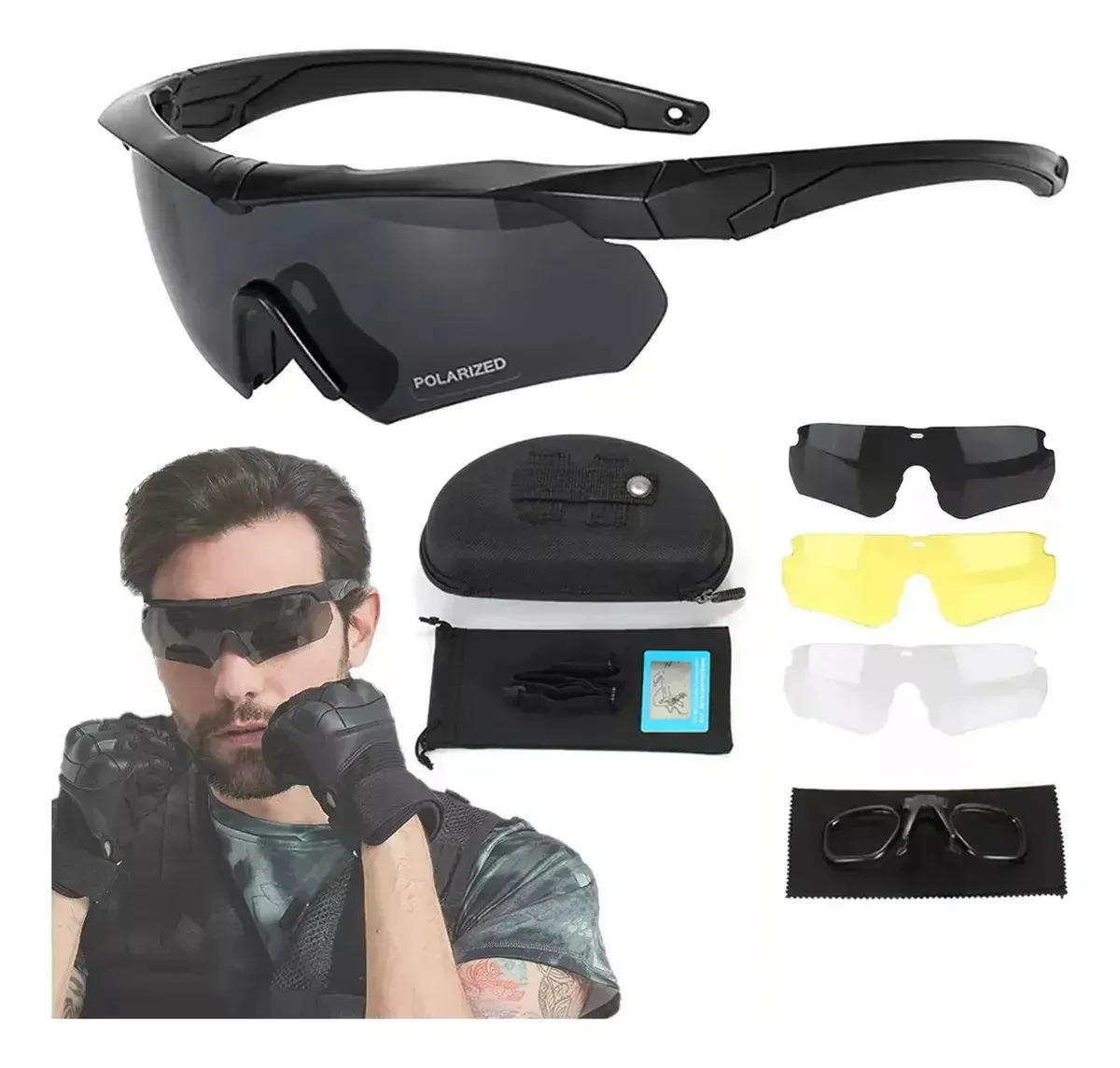 Gafas De Sol Tácticas Outdoor Anti-viento, Niebla Y Uv Armazón Negro Diseño Protector de viento táctico
