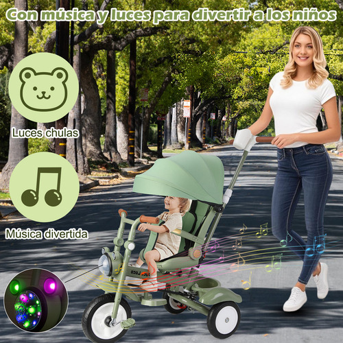 Triciclo Para Bebé Plegable Carretilla Niña Con Toldo 5 En 1 Color Verde