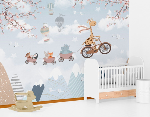 Imagem 2 de 5 de Papel De Parede Quarto Bebe Safari Balões Infantil Wt-02 M²