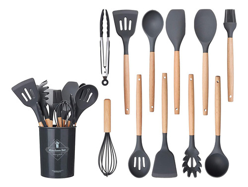 Set Kit X12 Utensilios De Cocina Mango Madera Punta Silicona