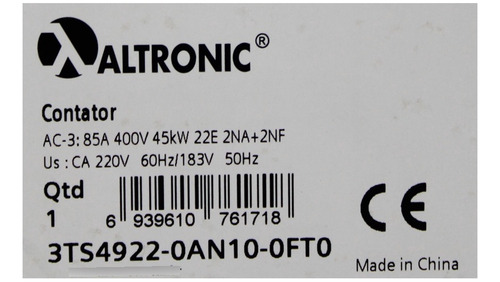 Contator 220v 85a Tripolar 2na 2nf Altronic 3ts49 22