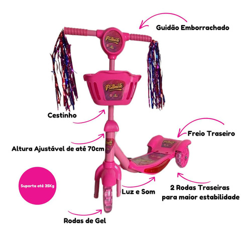 Patinete Infantil Menina Musical 3 Rodas Com Cestinho Luzes