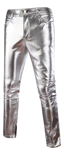 Pantalones Casuales De Pu Bronceados Brillantes Para Hombre