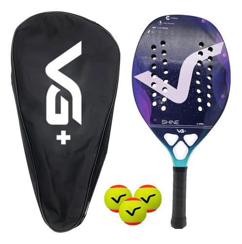 Kit Raquete Beach Tennis Shine 12 K 3 Bolas E Bolsa Vg Plus Cor Roxo