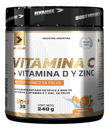 Vitamina C 240 Grs - Body Advance Acido Ascorbico + D + Zinc