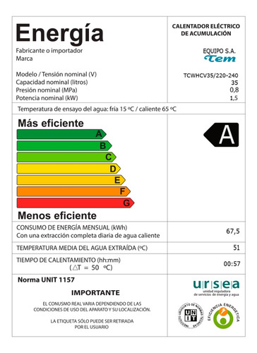 Imagen 2 de 5 de Termotanque Calefon Tem 35 Lts Acero Tcwhcv35 Efic. A Fama