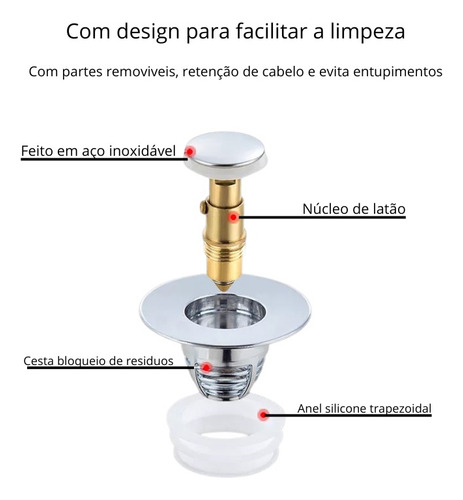 Tampa Plug Click P/ Dreno Ralo Fundo Pia E Banheira Hidro