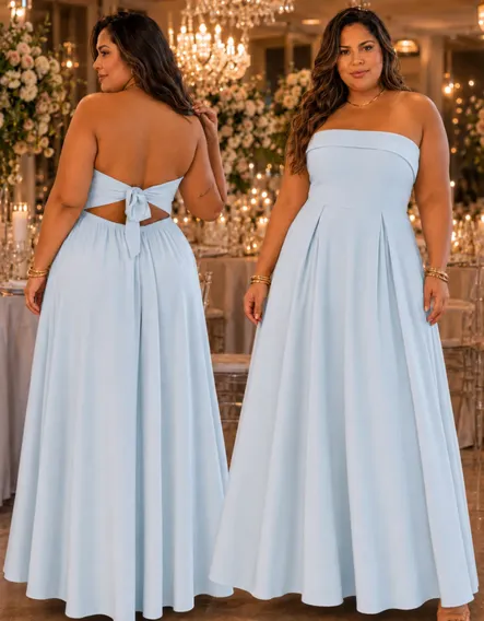 Vestido Festa Plus Size Longo Elegante Madrinha Convidada Azul Celeste Liso G2 (52-54)