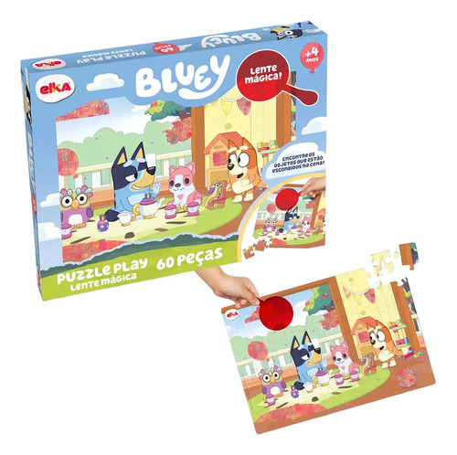 Juego Puzzle Lente Magico Bluey Elka 60pcs +4 Para Niños