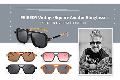 Gafas De Sol Feisedy Vintage De Los Años 70 Con Marco Clásic Lente Black Frame & Grey Lens Diseño Ocean