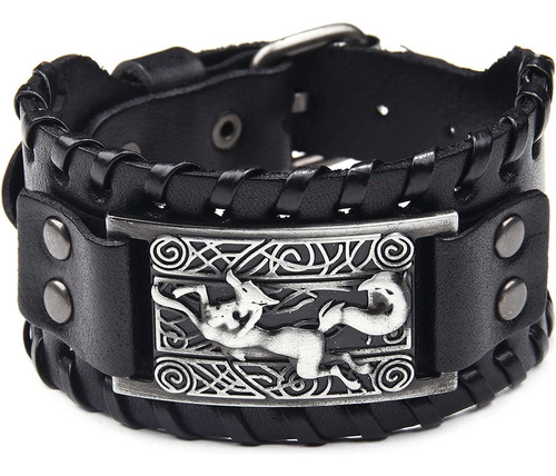 Thajaling Pulsera De Cuero Negro Plata Antigua Viking Fox Nu