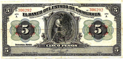 Billete Antiguo De La Revolucion 5 Pesos Chihuahua