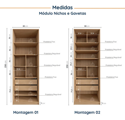 Guarda-roupa Modulado Joy 3 Peças Canto, Nicho Com 2