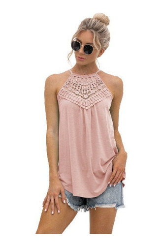 Top Casual De Color Sólido De Encaje Con Cuello Halter