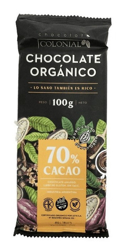 Chocolate Organico Colonial 70%cacao 100g Kosher Sin T.a.c.c