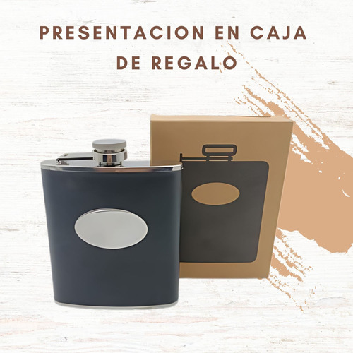 Petaca Acero Inoxidable 6oz - Ecocuero Negro Chapita Grabado Negro Ecocuero - Chapita Para Grabado