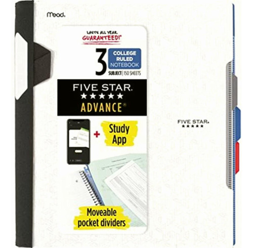 Five Star Cuaderno De 3 materias, 150 hojas, 1 Paquete Color Blanco