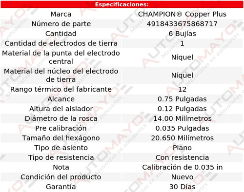 1 Kit 6 Bujías Cobre Champion P30 Series L6 3.8l 63-65