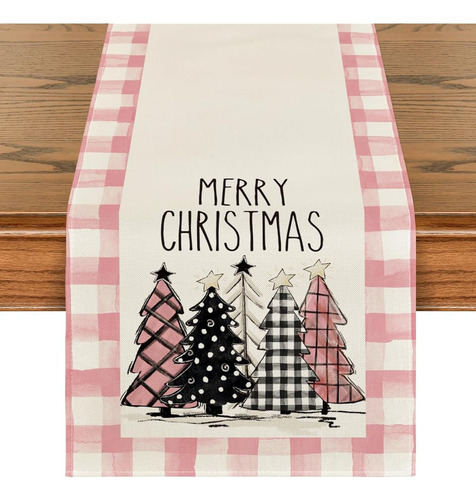 Camino De Mesa Cuadros Rosas Arboles De Navidad 33 X 152 Cm Multicolor Navideño