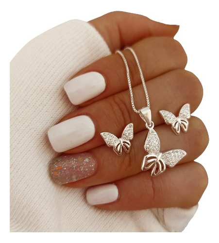 Conjunto Mariposa Dije Cadena Aros Plata 925 Set Mariposita