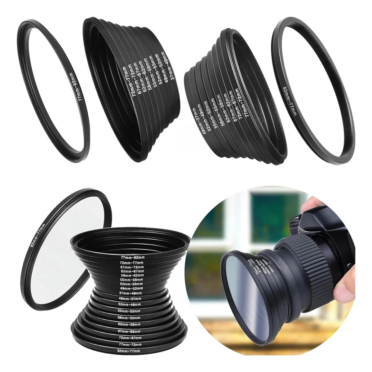 Kit 18 Anéis Adaptadores Para Filtro Step Up Step Down 37 Mm 82 Mm