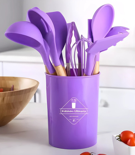 Juego Utensilios De Cocina 11 P C/ Soporte Madera Y Silicona Morado