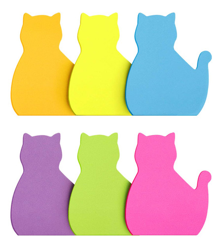 Notas Adhesivas Con Forma De Gato, 6 Colores, Brillantes, Co