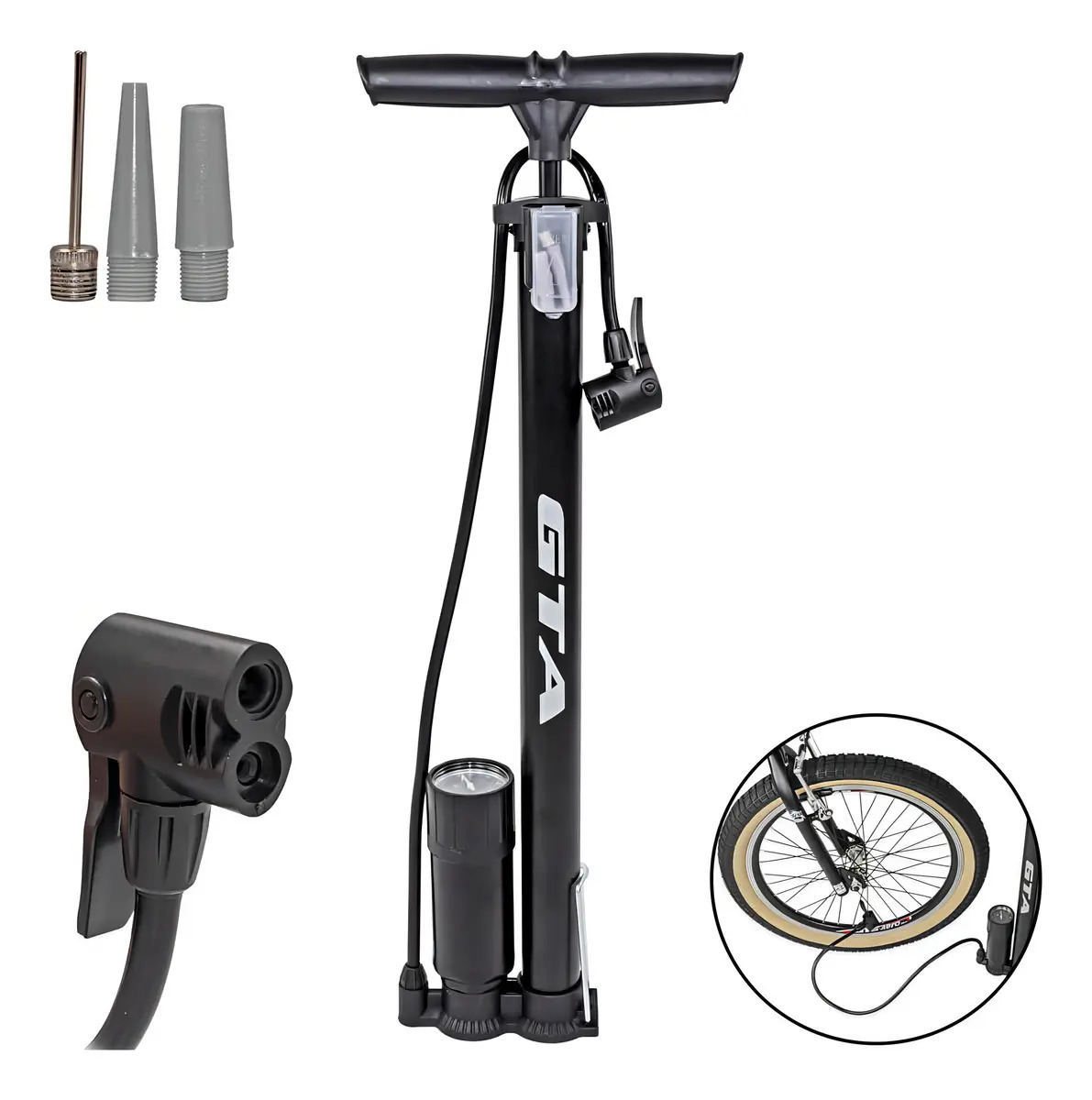 Bomba De Ar Manual Com Manometro 160 PSI Pneus Bike Moto Bola Infláveis Adaptador Válvula Cor Preto
