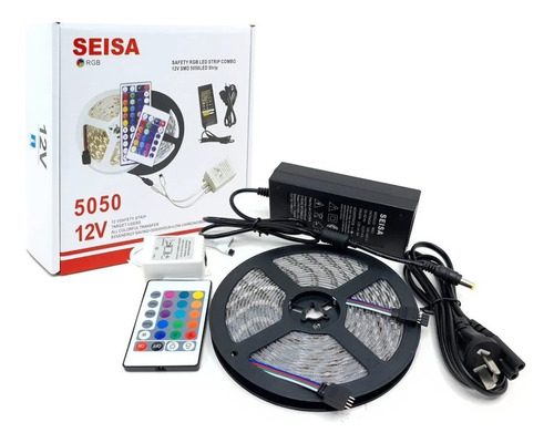 Imagen 2 de 5 de Kit Tira Led 5050 Rgb Con Control Y Fuente Seisa En Caja