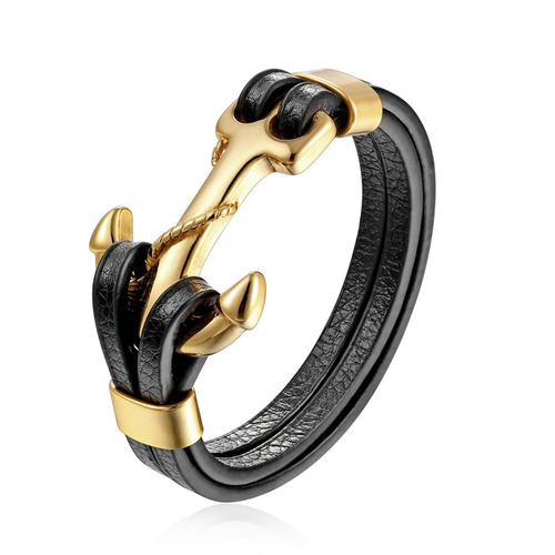 Pulsera De Cuero Ancla 100% Hombre Caballero 2019 Dorado