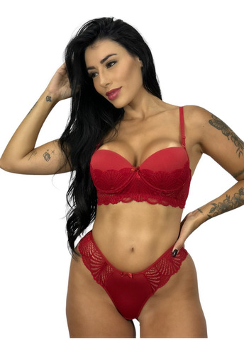 2 Conjunto Lingerie Sexy Renda Com Bojo Tanga Fio Sensual 