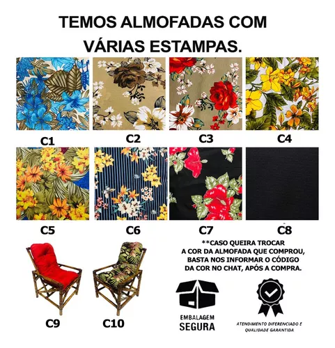 Kit Completo Cadeiras De Bambu Vime 4 Lugares Área Almofadas Estampa Preto  Folhas