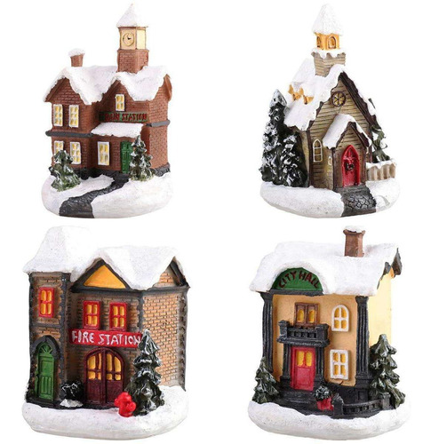 4pcs Resina Escena Navideña Casa Nieve Led Pueblo Conjunto 4pcs Resina Escena Navideña Casa Nieve Led Pueblo Conjunto