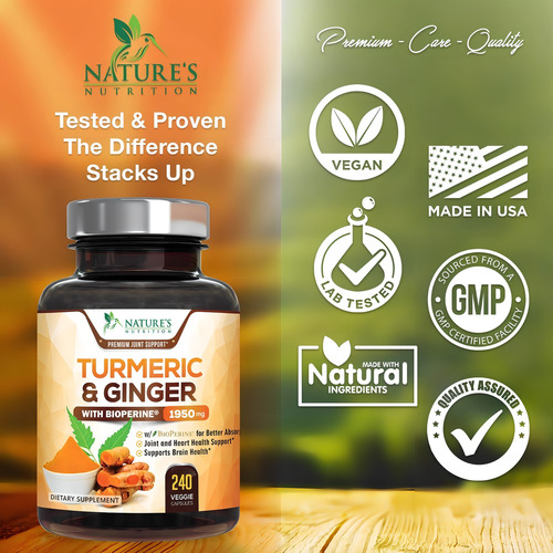 Nature's Nutrition Premium Turmeric Cúrcuma Con Bioperina 1950mg botella de 240 cápsulas sin sabor