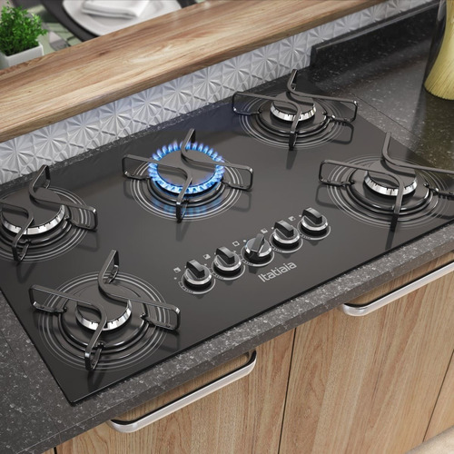 Cooktop Itatiaia 5 Bocas Mega Chama Mesa Vidro Preto Bivolt